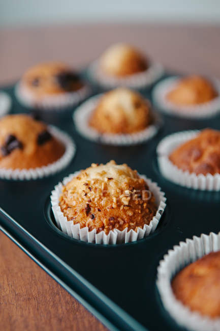Закрыть вид на домашние кексы с шоколадом в жестяной пекарне — стоковое фото