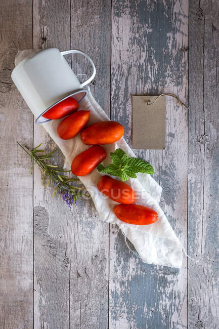 Natura morta di pomodori ed erbe disposti su tavolo — Foto stock