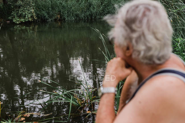 Vista posteriore di uomo anziano ammirando lago di foresta — Foto stock