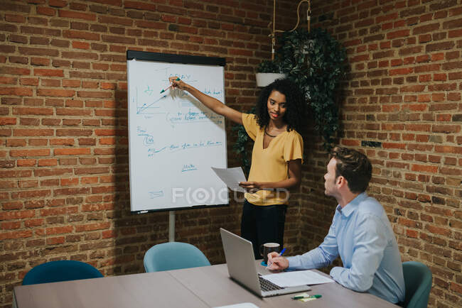 Woman pointing at markerdesk and telling something to man in office. Horizontal indoors shot — Stock Photo