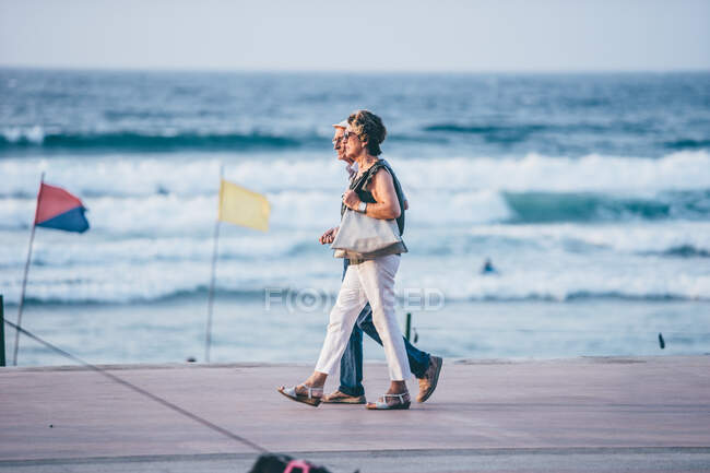 Vista lateral do casal idoso caminhando no cais contra o oceano ondulado e agitando bandeiras — Fotografia de Stock