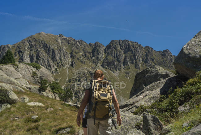 Vista posteriore di zenzero donna a piedi attraverso le montagne in estate — Foto stock
