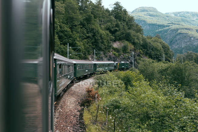 View of train riding on curvy railway on background of mountains and woods. — Stock Photo