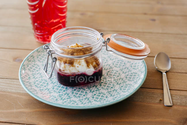 Jar with dessert and drink — Stock Photo