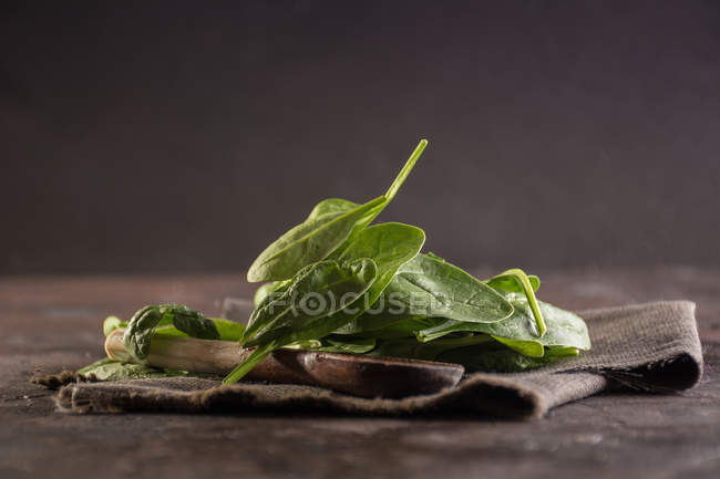 Крупним планом вид на листя шпинату та дерев'яну ложку на сільському рушнику — стокове фото