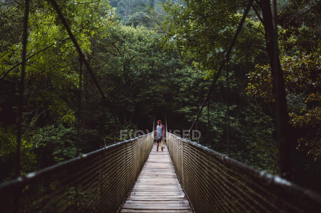 Man with skateboard posing on rope bridge at forest — Stock Photo