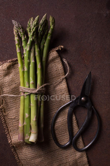 Vista dall'alto di un mazzo di asparagi verdi sul sacco con le forbici rurali accanto — Foto stock