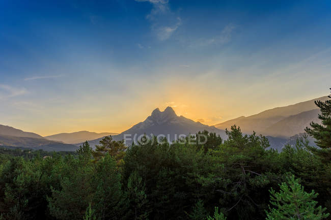 Malerische Waldlandschaft am beleuchteten Berg am idyllischen Morgen — Stockfoto