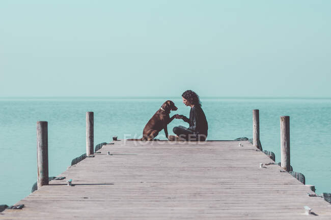 Woman sitting on quay and shaking paw of brown dog on background of calm sea. — Stock Photo