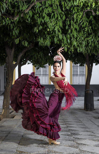 Танцівниця Фламенко в червоній сукні позує над деревами на вуличній сцені — стокове фото