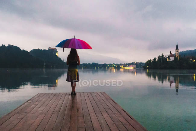 Вид ззаду жінки з барвистою парасолькою на пірсі на озері — стокове фото