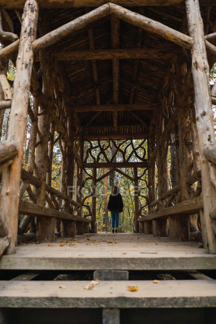 Вид ззаду дівчини в червоній шубці позує в дерев'яному проході — стокове фото