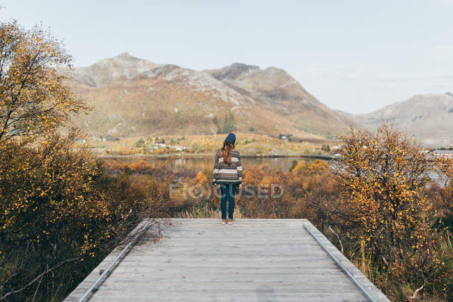 Back view of woman standing on wooden pier at lake in mountains. — Stock Photo