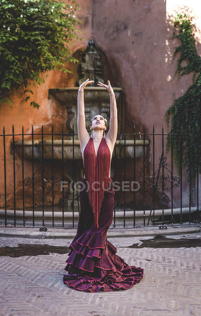 Vista frontale del ballerino di flamenco che indossa il tipico costume in posa sopra la fontana di strada — Foto stock