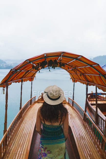 Rückansicht einer brünetten Frau mit Hut, die auf einem Boot am See spaziert — Stockfoto