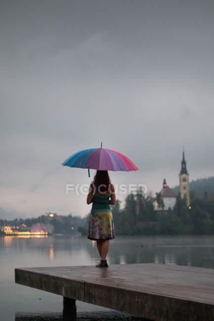 Visão traseira da mulher com guarda-chuva colorido posando no cais no lago — Fotografia de Stock