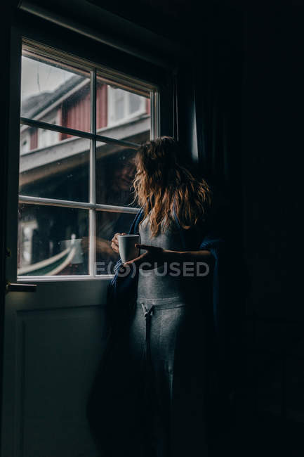 Низький кут зору жінки з кухоль дивиться у вікно — стокове фото
