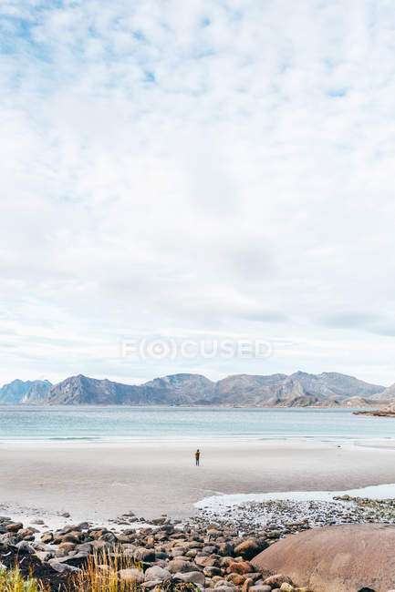 Отдаленный взгляд на человека, стоящего на песчаном берегу океана — стоковое фото