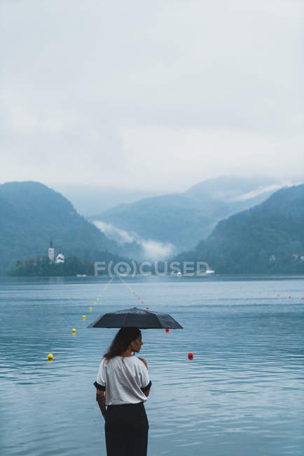 Задний вид брюнетки, позирующей с зонтиком и оглядывающейся через плечо на берегу озера — стоковое фото