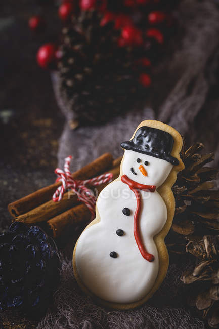 Still life of snowman christmas cookie and cinnamon sticks — Stock Photo