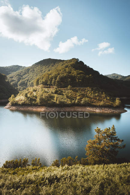 Orilla del lago de montaña en montañas soleadas - foto de stock
