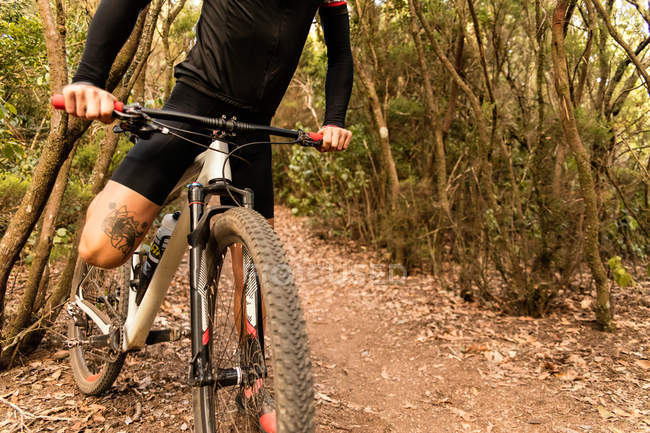 Crop macho com bicicleta de perna tatuada na passarela da floresta — Fotografia de Stock