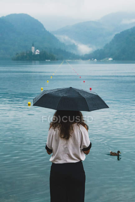 Visão traseira da mulher com guarda-chuva no lago com pato de natação — Fotografia de Stock