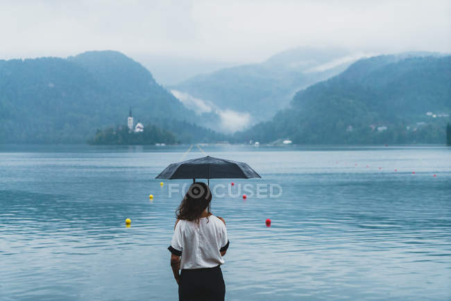 Vue arrière de la femme avec parapluie sur la rive du lac brumeux — Photo de stock