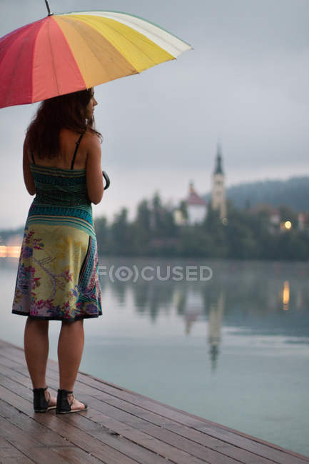 Visão traseira da mulher posando com guarda-chuva colorido no lago — Fotografia de Stock