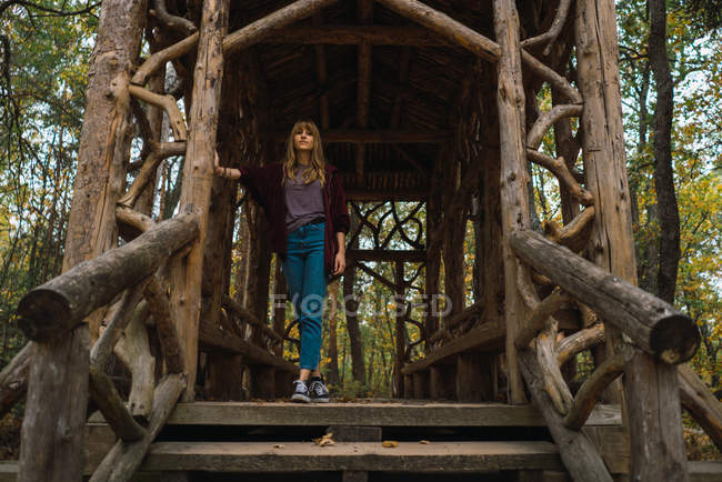 Low angle view of brunette girl standing in beautiful handicraft passage made of wood in park. — Stock Photo