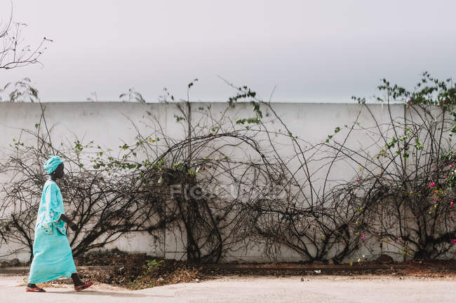 Yoff, Senegal- December 6, 2017: Side view of African woman in blue dress walking at fence with dried bushes on road. — Stock Photo