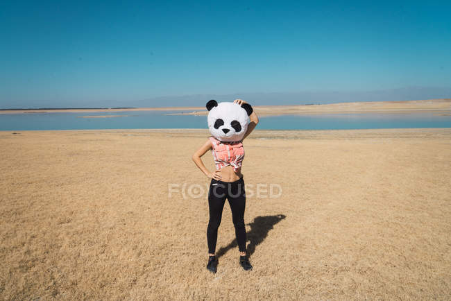 Retrato completo de mulher com cabeça de brinquedo panda posando na costa do lago arenoso — Fotografia de Stock