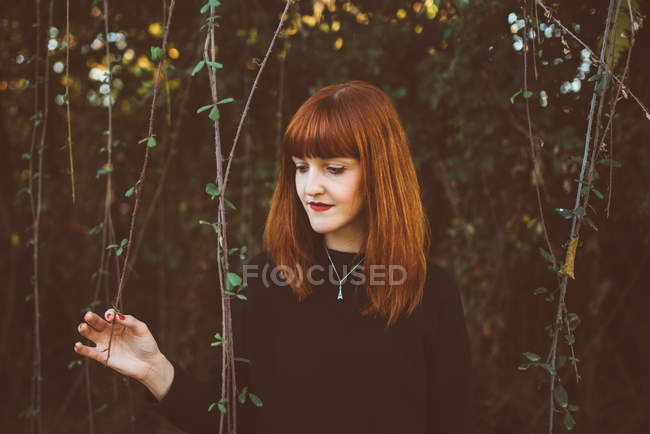 Portrait of redhead girl posing among vines on nature — Stock Photo
