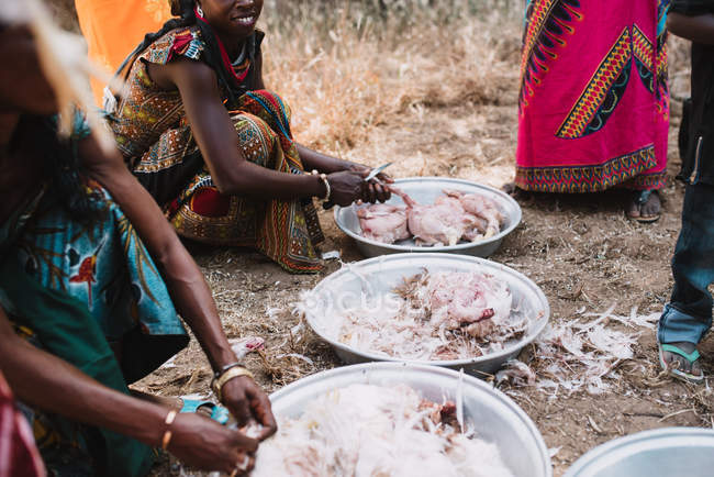 Goree, Senegal- December 6, 2017: Crop women sitting on ground and plucking birds in plastic basins. — Stock Photo