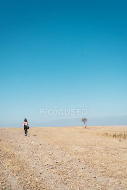 Vue arrière de la femme marchant sur un paysage désertique sableux — Photo de stock
