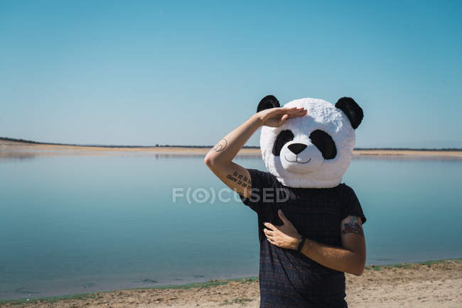 Portrait of man in panda toy head costume saluting on background of lake. — Stock Photo