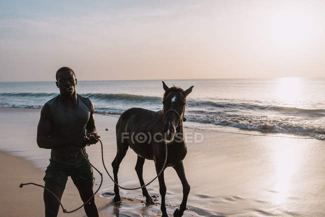 Goree, Senegal- 6 dicembre 2017: Ritratto di uomo in piedi sulla spiaggia che tiene il cavallo al guinzaglio . — Foto stock