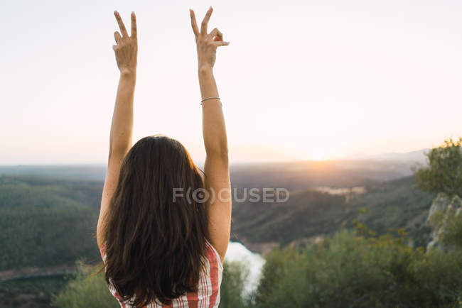 Вид сзади на брюнетку, позирующую с поднятыми руками и V-жест над живописной сельской местностью — стоковое фото