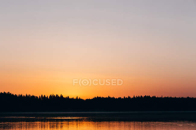 Cielo dorado atardecer sobre lago tranquilo - foto de stock