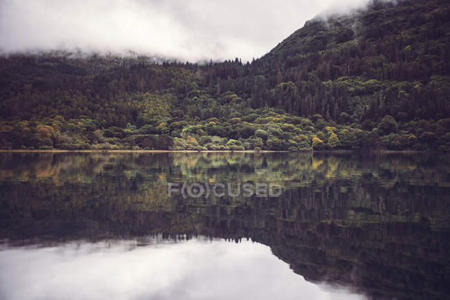 Calm water of lake reflecting misty green hill in Killarney National Park, Ireland. — Stock Photo