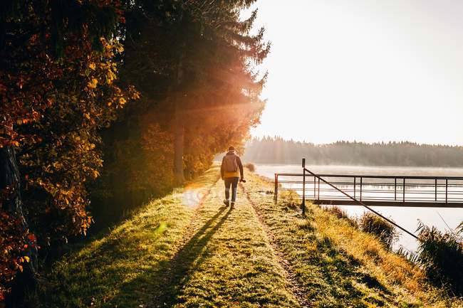 Visão traseira do viajante andando na costa do lago em luz da manhã de ouro
. — Fotografia de Stock