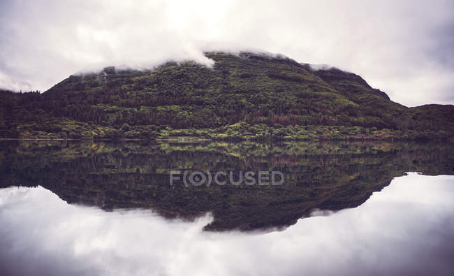 Reflection of foggy green hill on calm water of lake — Stock Photo