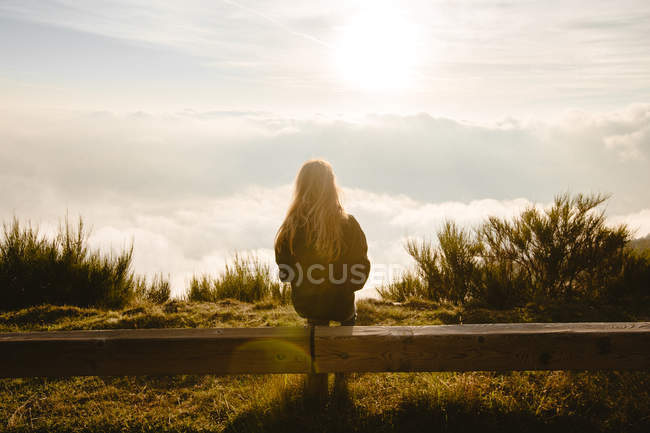 Rückansicht einer Frau, die an einem sonnigen Tag auf einem Holzzaun sitzt und die Natur genießt. — Stockfoto