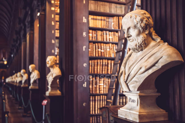 DUBLIN, IRELAND - AUGUST 9, 2017: Busts of great thinkers near shelves with book in old library of Trinity College in Dublin, Ireland. — Stock Photo