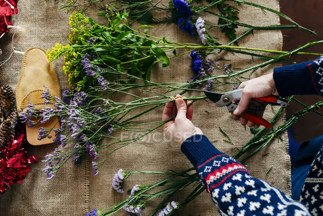 Crop hands cutting flowers with pruner over linen fabric — Stock Photo