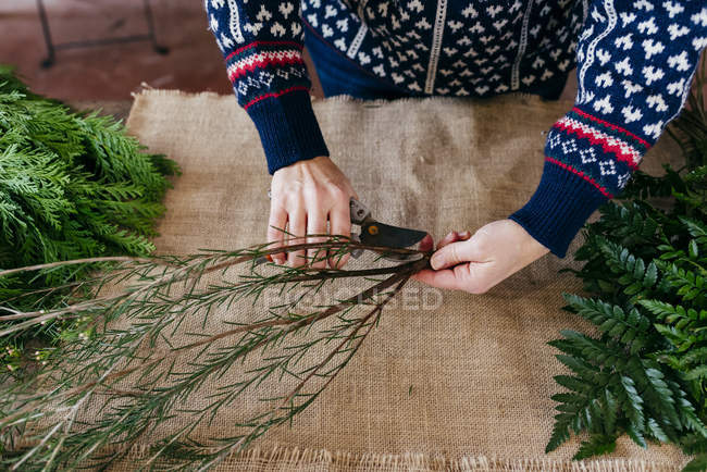 Persona de la cosecha en suéter de punto de pie cerca de la mesa y ramas de corte sobre tela de lino
. - foto de stock