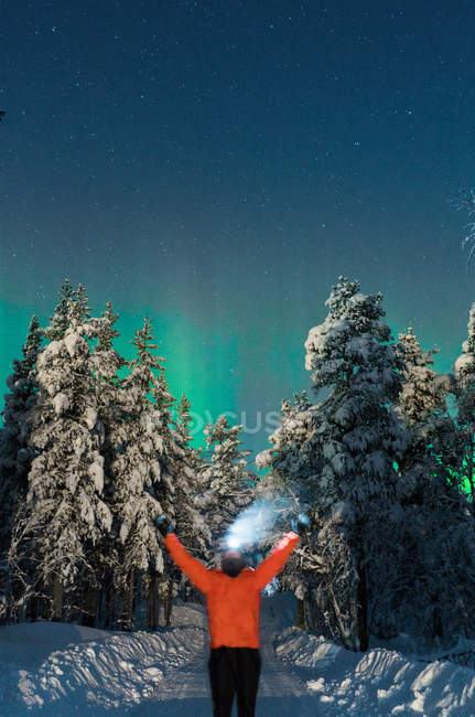 Vista trasera del hombre posando con los brazos levantados en la carretera de invierno en el fondo de las luces polares - foto de stock