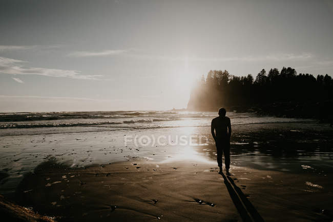 Silhouette eines hemdlosen Mannes, der am Strand spaziert — Stockfoto