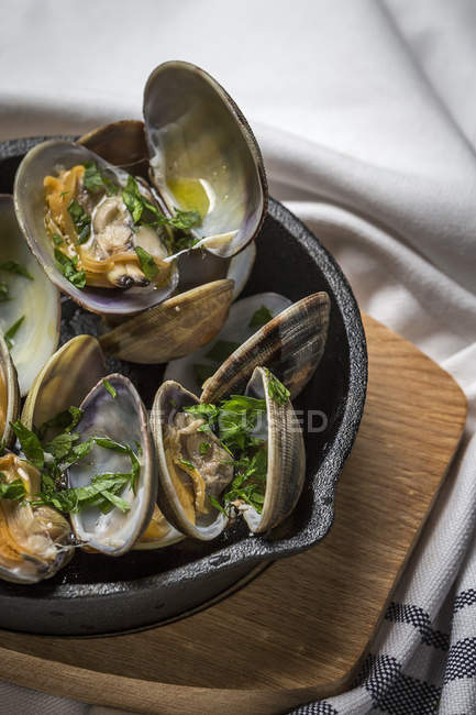 Close up view of clam stew with white wine sauce served in rural pan — Stock Photo