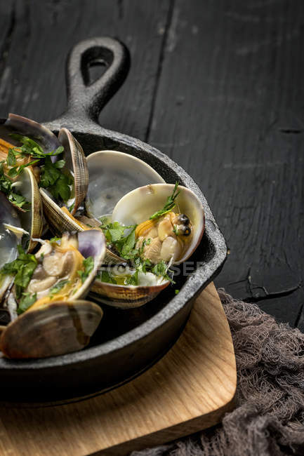Crop clam stew in white wine sauce on pan — Stock Photo